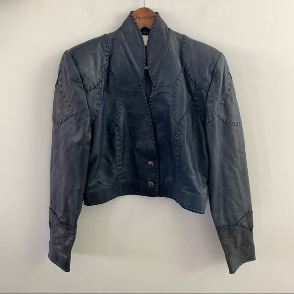 Gossamer Wings Navy Blue Vintage Leather Jacket Tank 2 Set Beaded Navajo Fringe - Picture 5 of 15